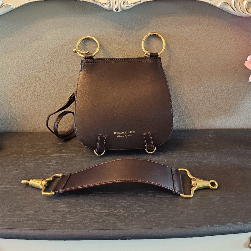 Authentic Burberry Haymarket Check Large Bridle Saddlebag - dark clove brown